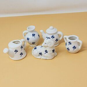 Miniature White Ceramic Tea Set With Blue Floral Design - Set Of 5 Pieces For Di